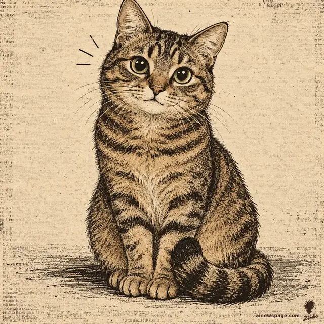 Issue, a small brown mackerel tabby cat, sits upright facing the viewer with her striped tail curled neatly around her paws, gazing out with huge knowing green eyes. Warm sepia ink on plain cream paper, wordless.