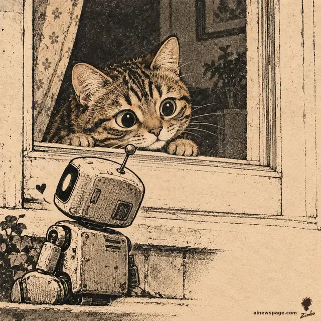 Satirical cartoon: Issue, a small cute brown mackerel tabby with huge eyes, peers over a windowsill at a small retro robot; a tiny heart doodle floats between them.