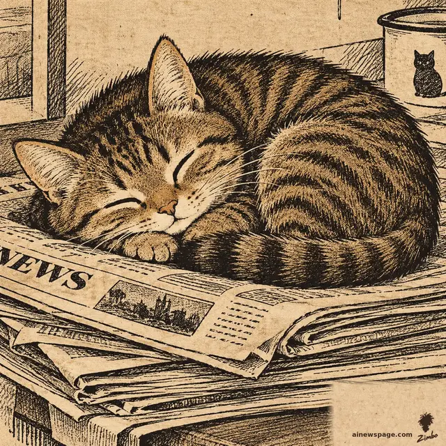 Satirical cartoon: Issue, a small cute brown mackerel tabby cat, curled up asleep on a stack of newspapers; the front page reads NEWS; a mug with a cat silhouette sits behind her.