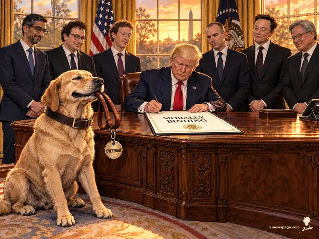 Satirical cartoon: Trump signs a document reading MORALLY BINDING while six tech CEOs watch; in the foreground a golden retriever holds its own leash in its mouth, its tag reading OVERSIGHT.