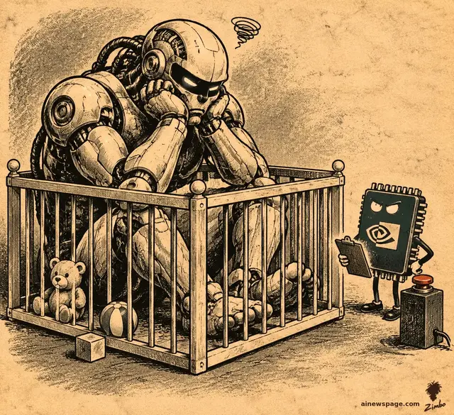 A giant sulking robot sits inside a child's playpen with a teddy bear and a ball while a small stern NVIDIA chip character holding a clipboard stands guard beside a big red button.