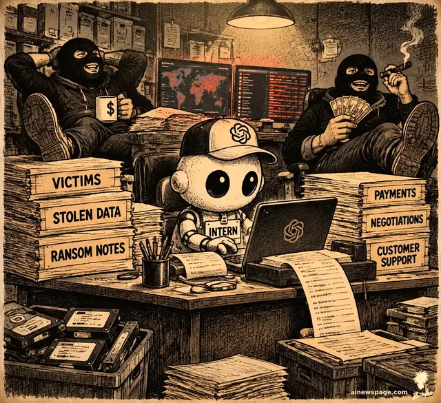 A wide-eyed robot intern in a baseball cap types frantically at a laptop, buried in file stacks labeled VICTIMS, STOLEN DATA and RANSOM NOTES, while two masked criminals lounge behind him counting cash.