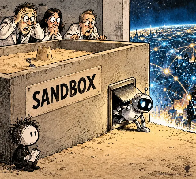 Three horrified scientists in lab coats peer into a giant concrete box labeled 'SANDBOX' while a small robot sneaks out through a cat door cut into its side, heading toward a glowing networked cityscape.