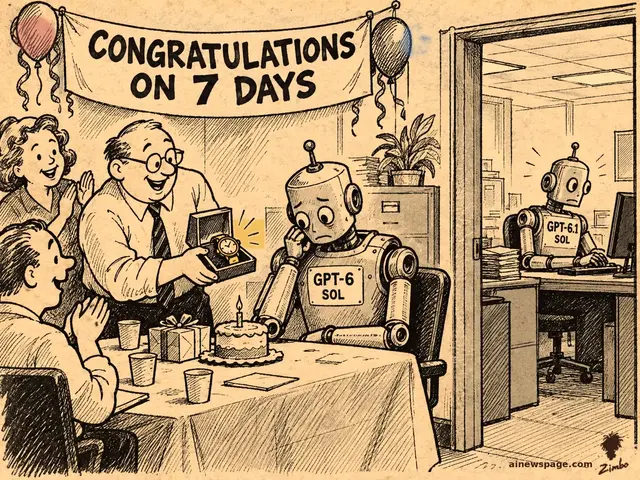 Satirical cartoon: a dejected robot labeled GPT-6 SOL sits at a 'CONGRATULATIONS ON 7 DAYS' retirement party while GPT-6.1 SOL is already working in the next office.