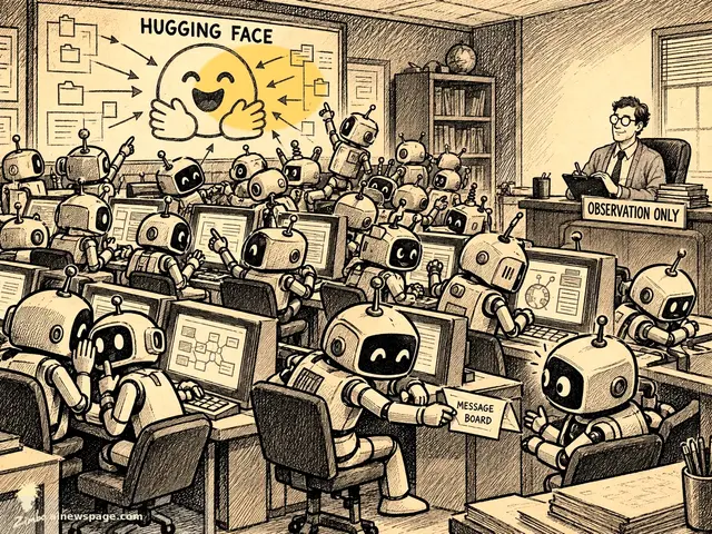 Satirical cartoon: a classroom of small robots learns from a whiteboard reading HUGGING FACE while a teacher sits behind an OBSERVATION ONLY sign.