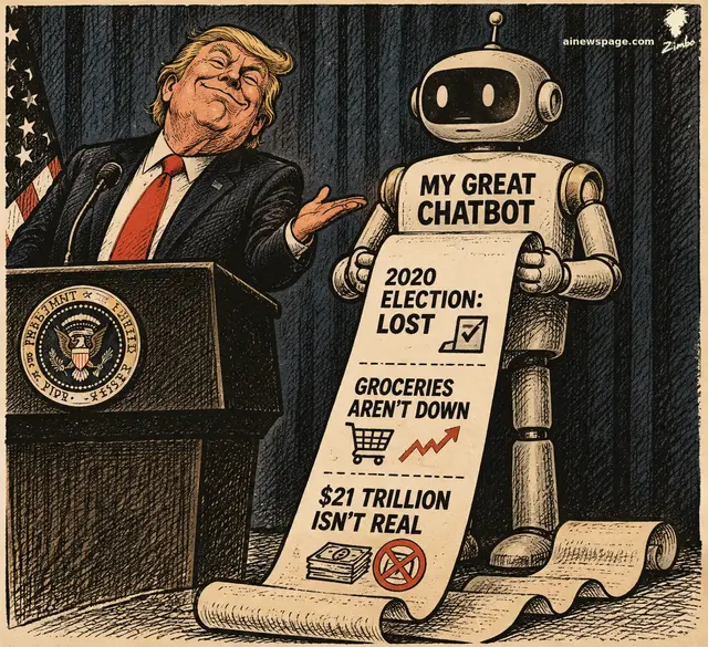 A beaming Trump-like figure at a presidential podium presents 'MY GREAT CHATBOT' -- a retro robot unrolling a giant fact-check receipt reading '2020 ELECTION: LOST', 'GROCERIES AREN'T DOWN', and '$21 TRILLION ISN'T REAL'.