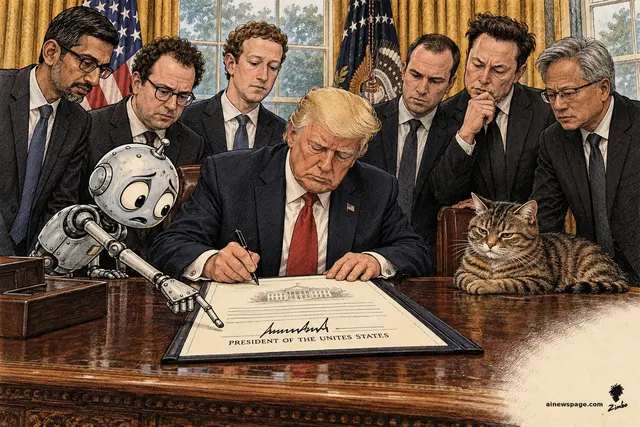 Satirical cartoon: Trump signs a document reading PRESIDENT OF THE UNITES STATES at the Resolute desk while six tech CEOs look on; Merv the worried robot points at the typo and Issue the tabby cat watches, unimpressed.