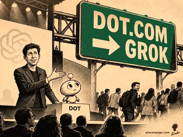 Satirical cartoon: a presenter unveils a small robot labeled DOT on a stage while the audience streams away toward a giant highway sign reading DOT.COM GROK.