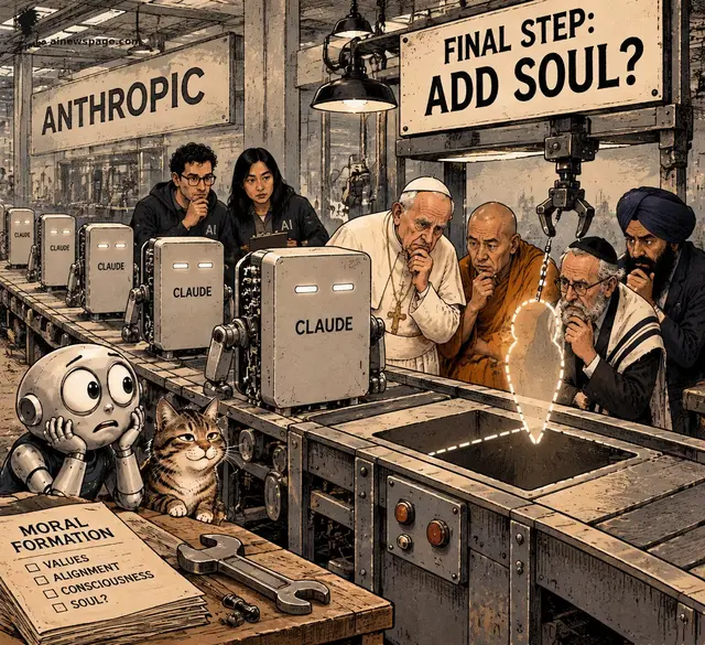 Satirical cartoon: a factory line of CLAUDE units under a 'FINAL STEP: ADD SOUL?' sign as a pontiff, monk, rabbi and Sikh scholar watch a glowing soul lowered into a chassis; Merv frets, Issue the tabby knows.