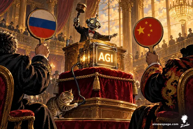 Satirical cartoon: a robot auctioneer presents a tiny glowing AGI machine on a velvet pedestal to two bidders hidden behind Russian and Chinese flag paddles, while a tabby cat bats at the machine's exposed power cord. Depicts the reported 2017 plot as a plot.
