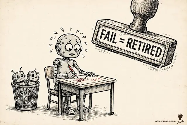 A robot proudly holds up a test scored 100% while a torn answer sheet behind it shows the honest maximum was 80%; the pass mark looms above.