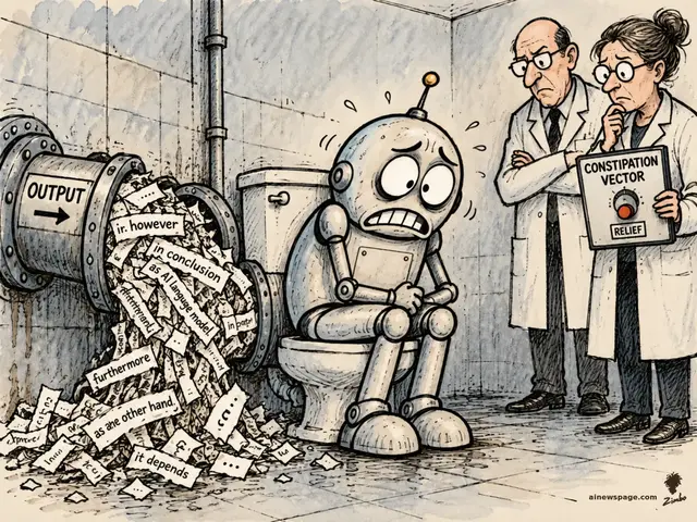Satirical cartoon: a constipated silver robot strains on a toilet in a lab bathroom while a giant pipe labeled OUTPUT clogs with word-ribbons ('in conclusion', 'as AI language model', 'furthermore', 'it depends'); two researchers hold a panel labeled CONSTIPATION VECTOR with a red RELIEF button.