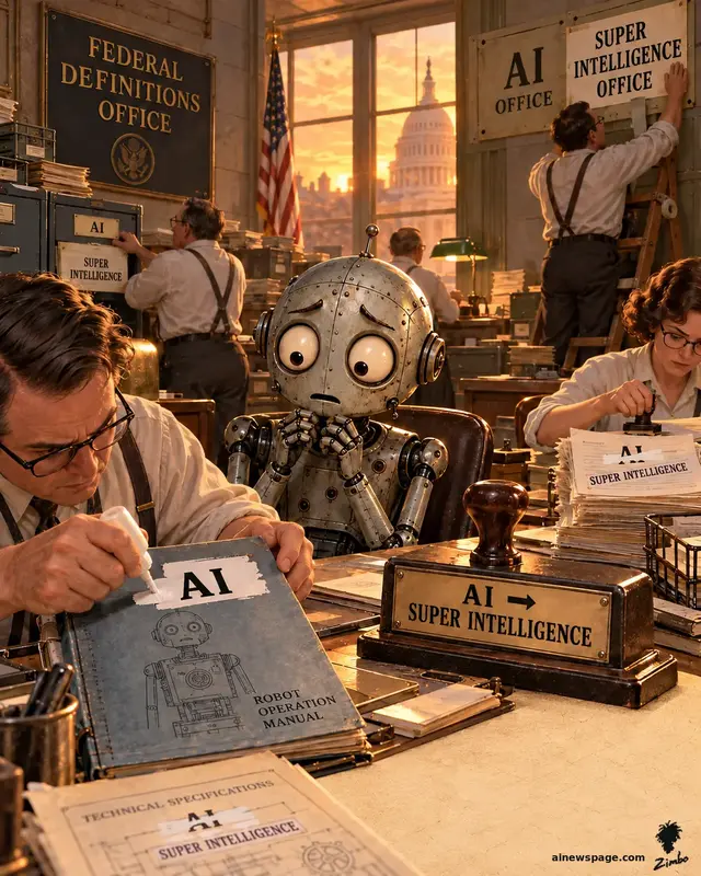 Satirical cartoon: a worried retro robot watches clerks at the Federal Definitions Office paste 'SUPER INTELLIGENCE' labels over every 'AI' — manuals, reports, filing cabinets, the office sign — while a desk stamp reads 'AI → SUPER INTELLIGENCE'.