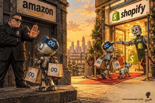 Satirical cartoon: a bouncer in sunglasses blocks a small robot with shopping bags outside an Amazon storefront, while across the street a Shopify store rolls out a red carpet welcoming another small robot carrying an infinity-marked bag, a robot dog at its side.