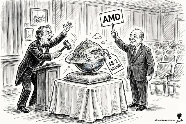 Satirical cartoon: at an auction house, a miniature planet with tiny cities, mountains and oceans sits on the auction block. An auctioneer brings down his gavel while a delighted executive holds up an AMD bidding paddle. A giant $8.2 BILLION price tag hangs from the planet.