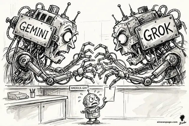 Satirical cartoon: two enormous mechanical heads labeled GEMINI and GROK lunge with tangled arms over a single government counter, both grabbing for one paper form. A small worried robot citizen sweats beneath them, holding the form. A counter sign reads AMERICA.GOV.