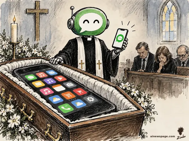 Satirical cartoon: a robot priest with a green messaging-bubble head officiates the church funeral of an enormous smartphone lying in an open coffin covered in app icons, while holding up a one-bubble replacement phone; three mourners grieve in the pews.