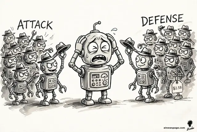 Satirical cartoon: Merv, an anxious retro robot with both hands on his head, stands between two identical mobs of fedora-wearing hacker-bots labeled ATTACK and DEFENSE; one defense bot dangles a $2.5B price tag.
