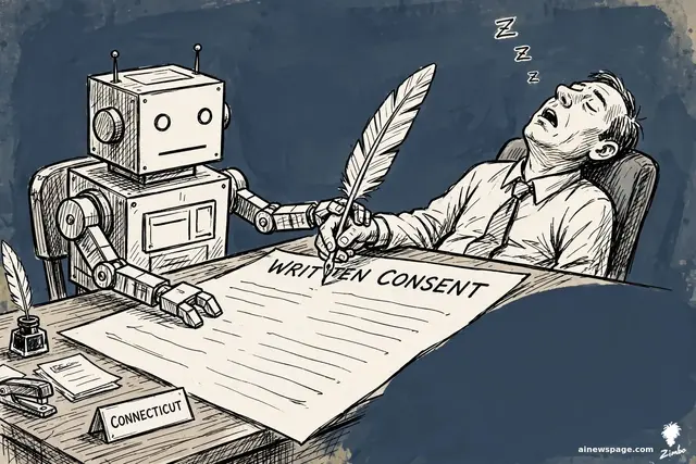 Satirical cartoon: a blank-faced boxy robot politely guides the limp hand of a snoring man to sign a giant WRITTEN CONSENT form with an oversized quill at a desk with a CONNECTICUT sign.
