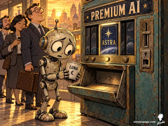 Merv the worried robot holds a plain tin can labeled LUNA before a gleaming PREMIUM AI vending machine with the ASTRA button lit, while oblivious humans queue behind him.