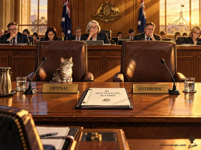 Two empty witness chairs with nameplates for the AI labs sit before a senate panel; a small knowing cat watches from beside the vacant seats.