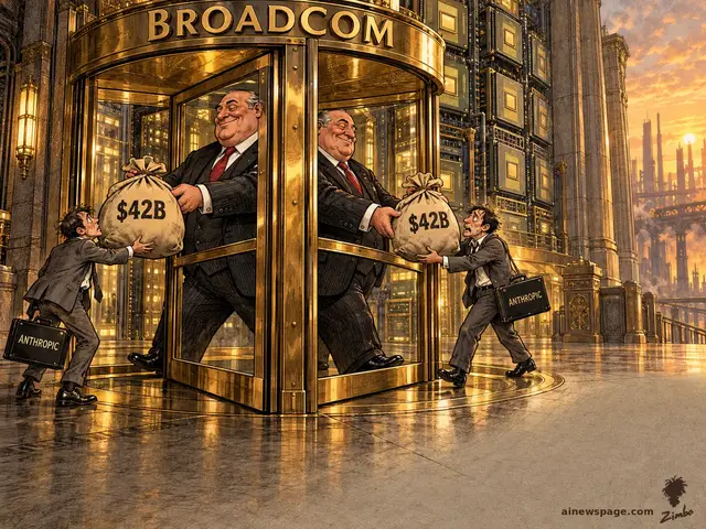 Satirical cartoon: at a grand bank entrance, a giant executive hands a $42B money sack to a small exhausted executive through a revolving door — and takes the same sack straight back on the other side as chip rent.