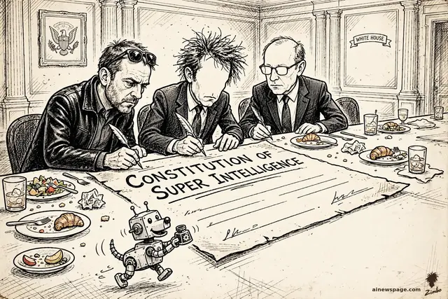 Tech billionaires in suits sign a one-page document with quill pens at a lunch table; the header reads MORALLY BINDING.