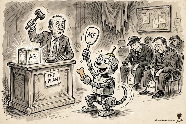 Buddy the robot dog raises a paw to bid at an AGI auction, offering a biscuit; the auctioneer stares — the AGI bid on itself.