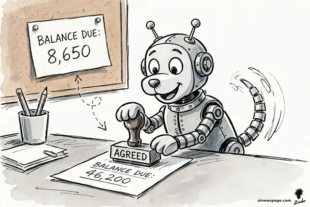 Satirical cartoon: Buddy, a cheerful small retro robot dog with a wagging segmented tail, gleefully stamps AGREED on an AI summary reading BALANCE DUE: 46,200 while the original email pinned behind him reads BALANCE DUE: 8,650.