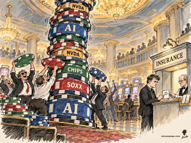 Satirical cartoon: in a golden-hour casino, celebrating traders stack a wobbling tower of giant poker chips labeled NVDA, AI, CHIPS and SOXX while a sober Michael Burry calmly buys an insurance policy at an INSURANCE booth, the slip reading SEP 2027.