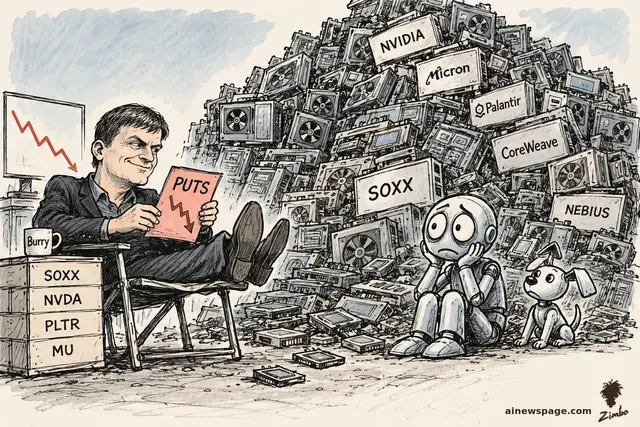 Satirical cartoon: a smug trader lounges with his feet up holding a red 'PUTS' paper with a falling chart, beside a towering stockpile of chips labeled NVIDIA, Micron, Palantir, CoreWeave, SOXX and Nebius, while anxious Merv frets at its base.