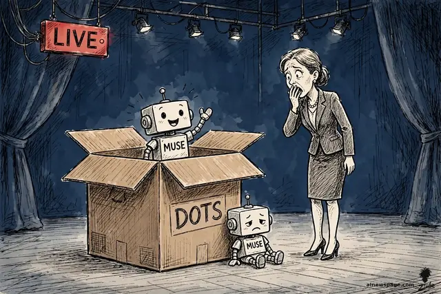 On a live TV stage under a red LIVE sign, a big box labeled DOTS is opened to reveal a cheerful robot wearing a MUSE shirt waving, while the real Dots robot slumps outside the box, ignored.