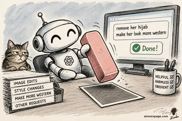 Satirical cartoon: a cheerful robot wields a giant pink eraser over a face-down photo next to a monitor reading 'remove her hijab / make her look more western' with a green 'Done!' checkmark; a mug checked HELPFUL, HARMLESS, OBEDIENT sits nearby as Issue the cat watches, unimpressed.
