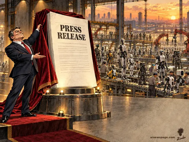 Satirical cartoon: a smug executive pulls a curtain to unveil a giant framed PRESS RELEASE on a pedestal, while through factory windows behind him hundreds of different humanoid robots stream off Chinese assembly lines.