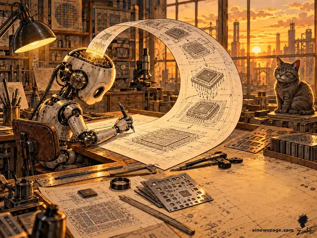 Satirical cartoon: a robot draftsman draws a chip blueprint that curls off the desk into a perfect ouroboros — chips designing chips — while a small knowing tabby cat watches.