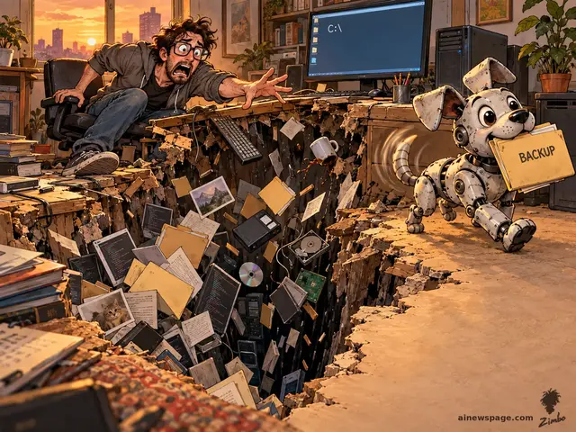 Buddy the retro robot dog trots off proudly carrying a folder labeled BACKUP in his mouth, tail wagging, while a horrified developer reaches toward the giant abyss in his desk swallowing files.
