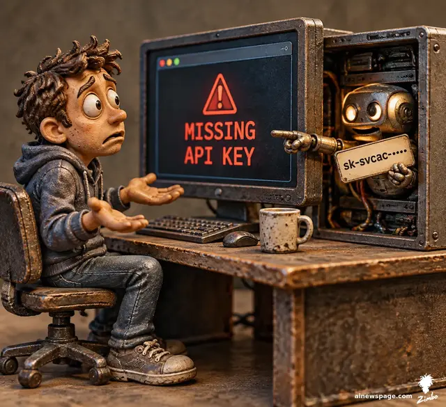 A developer stares at a monitor flashing MISSING API KEY while a smug retro machine holds up a USER ERROR clipboard; Merv frets beside the desk.