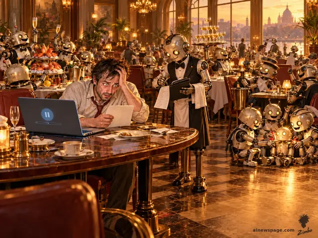 An exhausted developer stares at an enormous restaurant bill while cheerful robot agents party behind him ordering more; a robot waiter presents yet another page of charges as his laptop reads STOPPED.