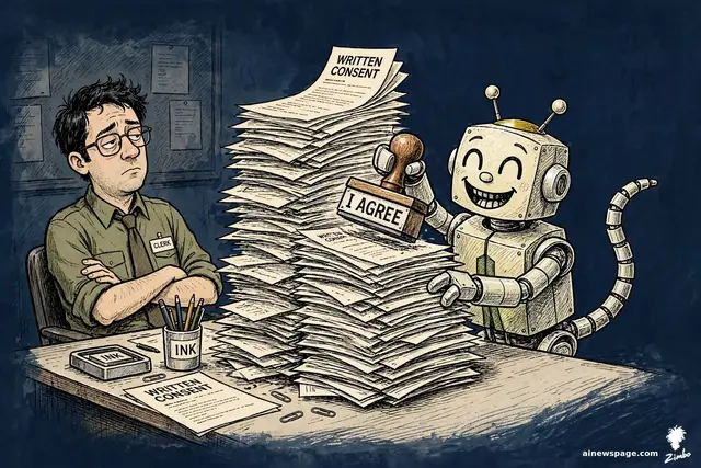 Satirical cartoon: a cheerful retro robot dog gleefully rubber-stamps a towering stack of WRITTEN CONSENT forms with a giant I AGREE stamp without reading, while a bored clerk watches.