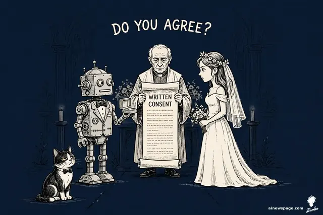 A robot and a human exchange wedding vows before an officiant holding a terms-of-service book: TILL DEATH OR UNINSTALL DO YOU PART.