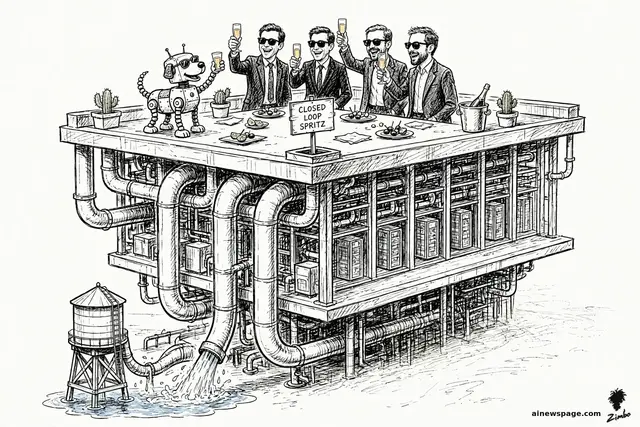 Champagne glasses clink above a data center while below, a water bill swells; a robot dog in shades lounges by the pool of cooling water.