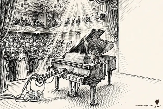 A preserved brain in a jar plays a grand piano with delicate electrodes; Issue the small tabby cat sits on the piano lid, watching knowingly.