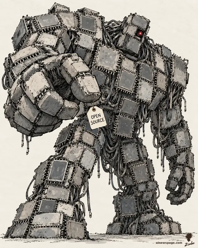 Satirical cartoon: a hulking golem made of welded-together Huawei Ascend chips looms with a single glowing red eye, a tiny paper tag reading OPEN SOURCE dangling from its arm.