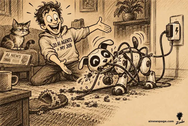 Satirical cartoon: a bright-eyed young developer in a '20 AI AGENTS = MY JOB' hoodie proudly presents his new robot dog while Issue, the small knowing brown mackerel tabby cat, watches skeptically from the couch; the robot dog is tangled in and chewing through its own sparking charging cable.