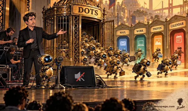 Satirical cartoon: a presenter gestures helplessly on a golden DevDay stage as small DOTS robots swarm out of a cage toward MAIL, WORK, PHOTOS and CALENDAR booths; one robot stands at a muted microphone.