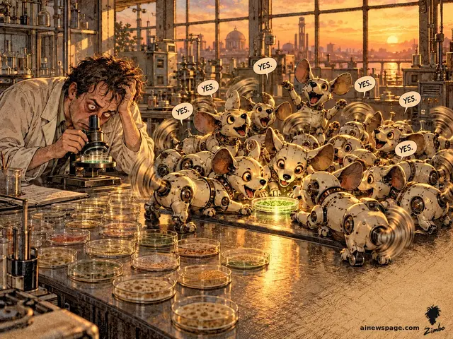Satirical cartoon: a frazzled scientist peers into a microscope while a swarm of cheerful small Buddy-clone robot dogs all bark 'YES.' around petri dishes of glowing green goo.