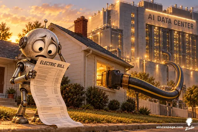 Satirical cartoon: an anxious retro robot stares in horror at an enormous electric bill while a gigantic data center runs an industrial extension cord straight through his kitchen window.