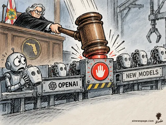 Satirical cartoon: a stern judge beneath a Florida flag and seal slams a giant gavel onto a big red STOP button on an OpenAI 'NEW MODELS' robot assembly line, while anxious Merv clutches a robot head in horror.