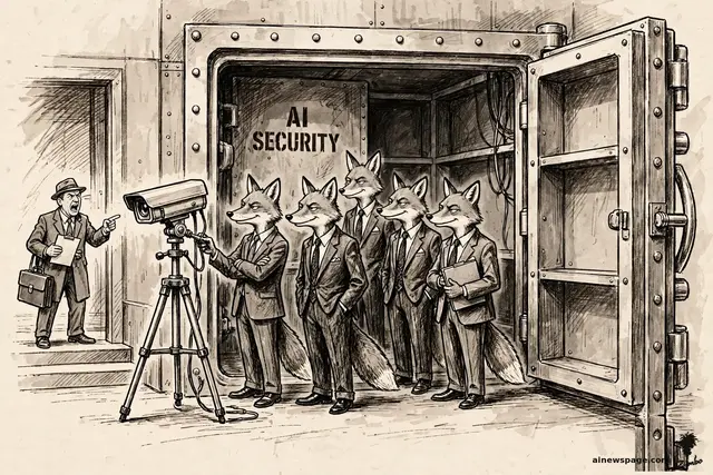 Satirical cartoon: five foxes in business suits inside a fortified AI SECURITY vault proudly install their own security system aimed at a shouting congressional investigator outside, while the vault's rear door stands wide open.