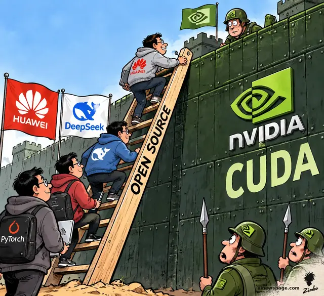 Satirical cartoon: engineers in Huawei, DeepSeek and PyTorch hoodies climb a plain wooden ladder labeled 'OPEN SOURCE' over a massive green NVIDIA/CUDA fortress wall while helmeted guards stare in disbelief.